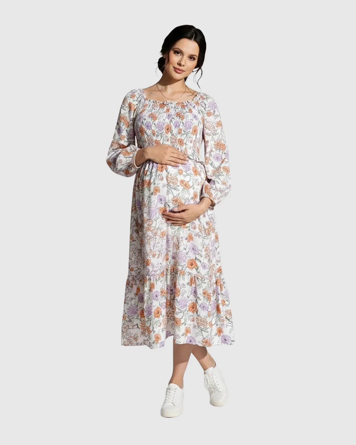 Bump Society – The Comfort Collection: Floral Print Smocked Bodice Maternity Midi Dress