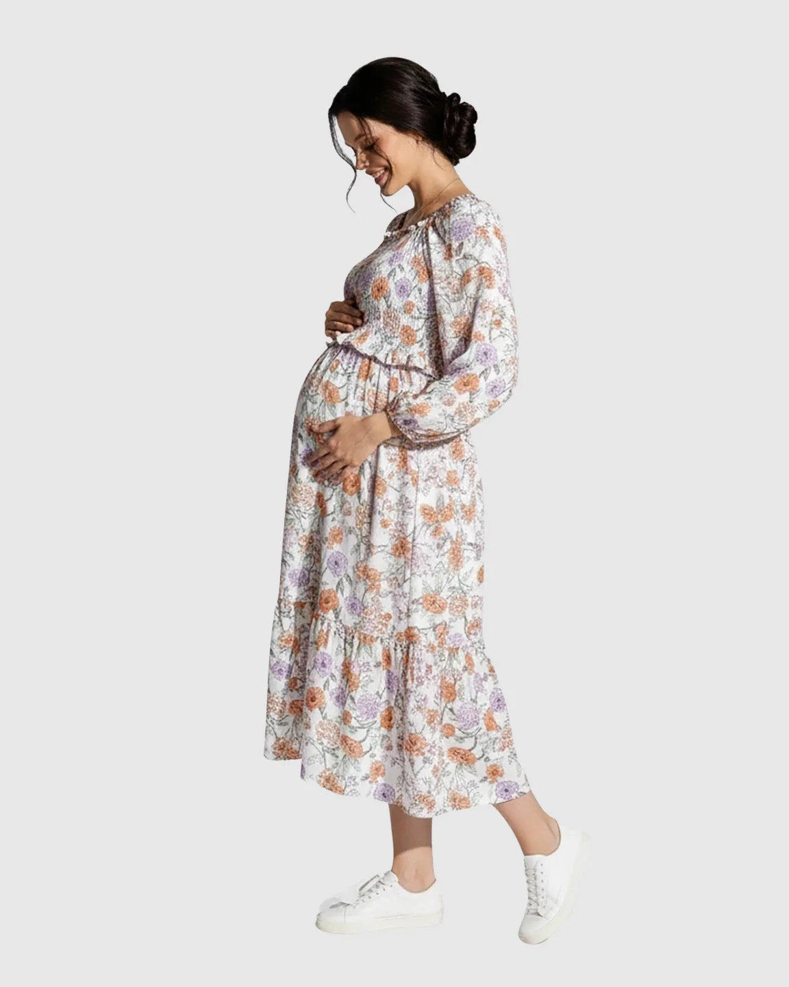 Bump Society – The Comfort Collection: Floral Print Smocked Bodice Maternity Midi Dress