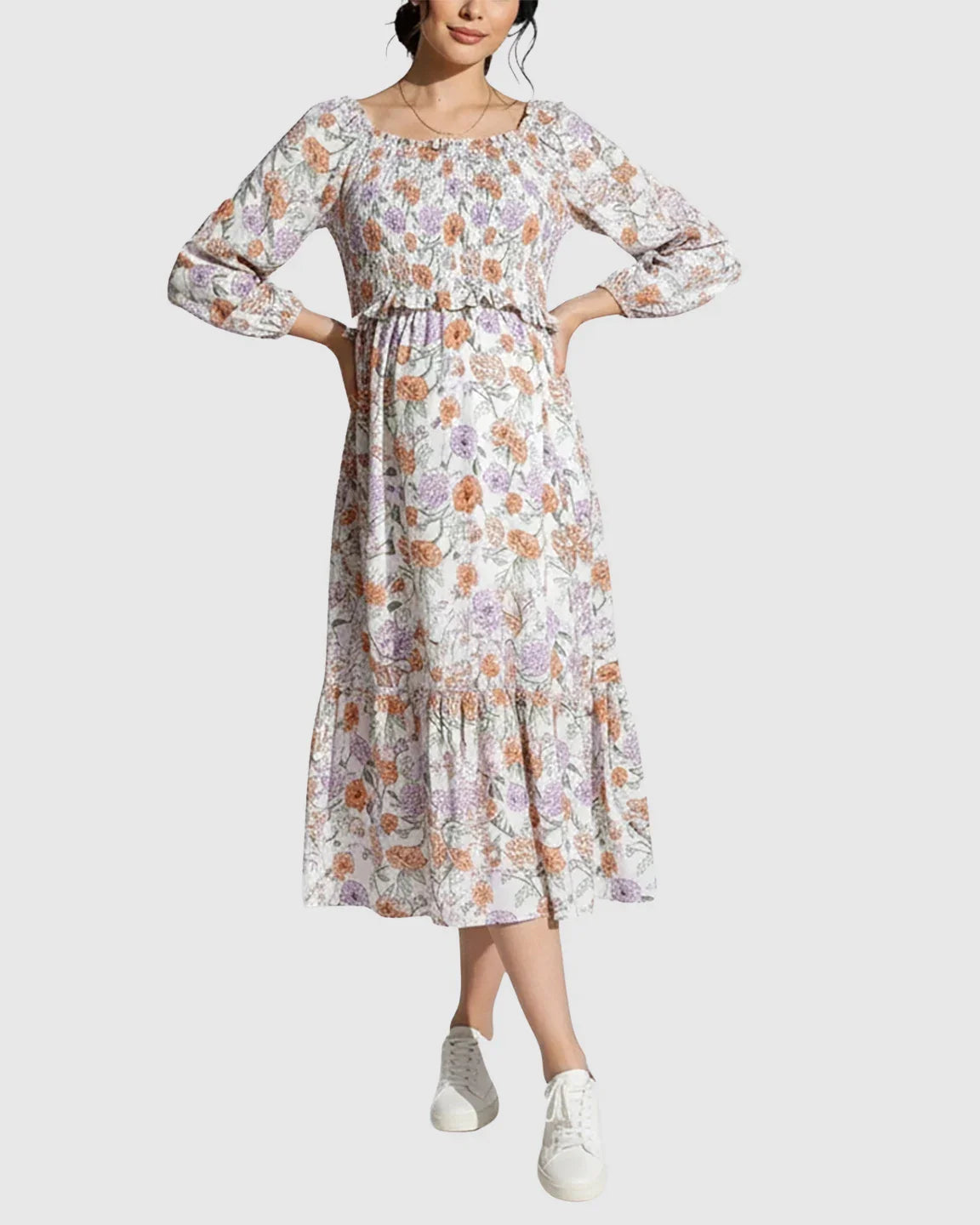 Bump Society – The Comfort Collection: Floral Print Smocked Bodice Maternity Midi Dress