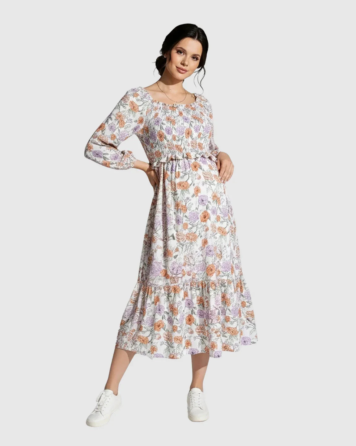 Bump Society – The Comfort Collection: Floral Print Smocked Bodice Maternity Midi Dress