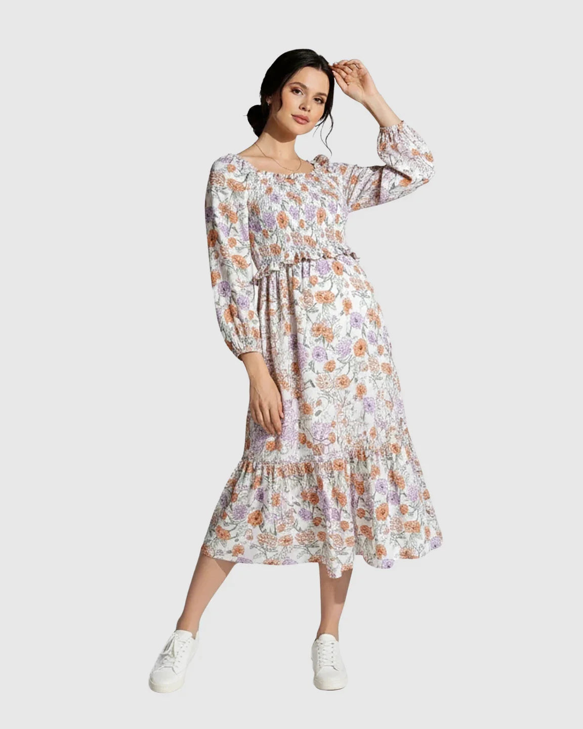Bump Society – The Comfort Collection: Floral Print Smocked Bodice Maternity Midi Dress