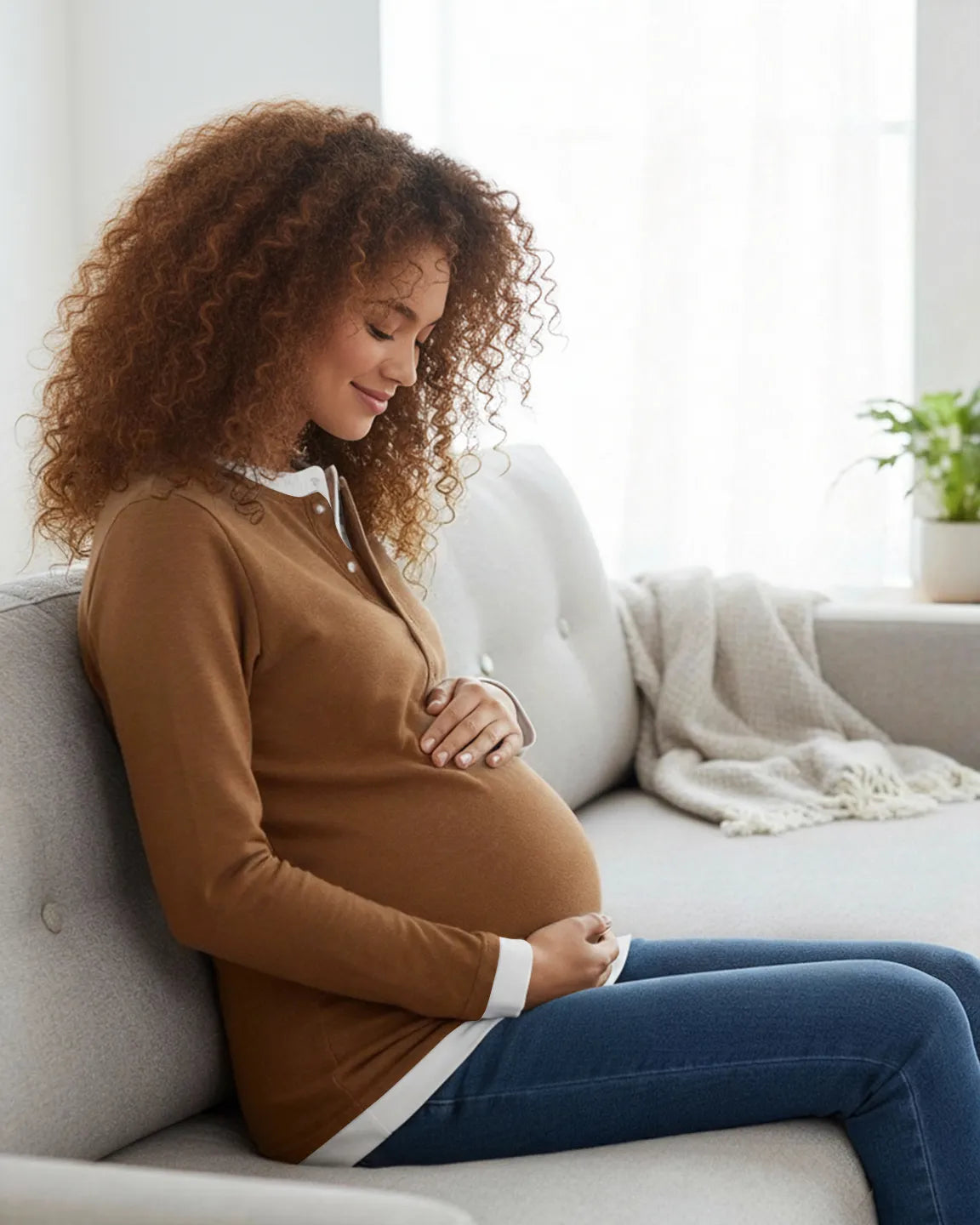 Pregnant woman in a brown button-front henley maternity and nursing top, holding her belly.