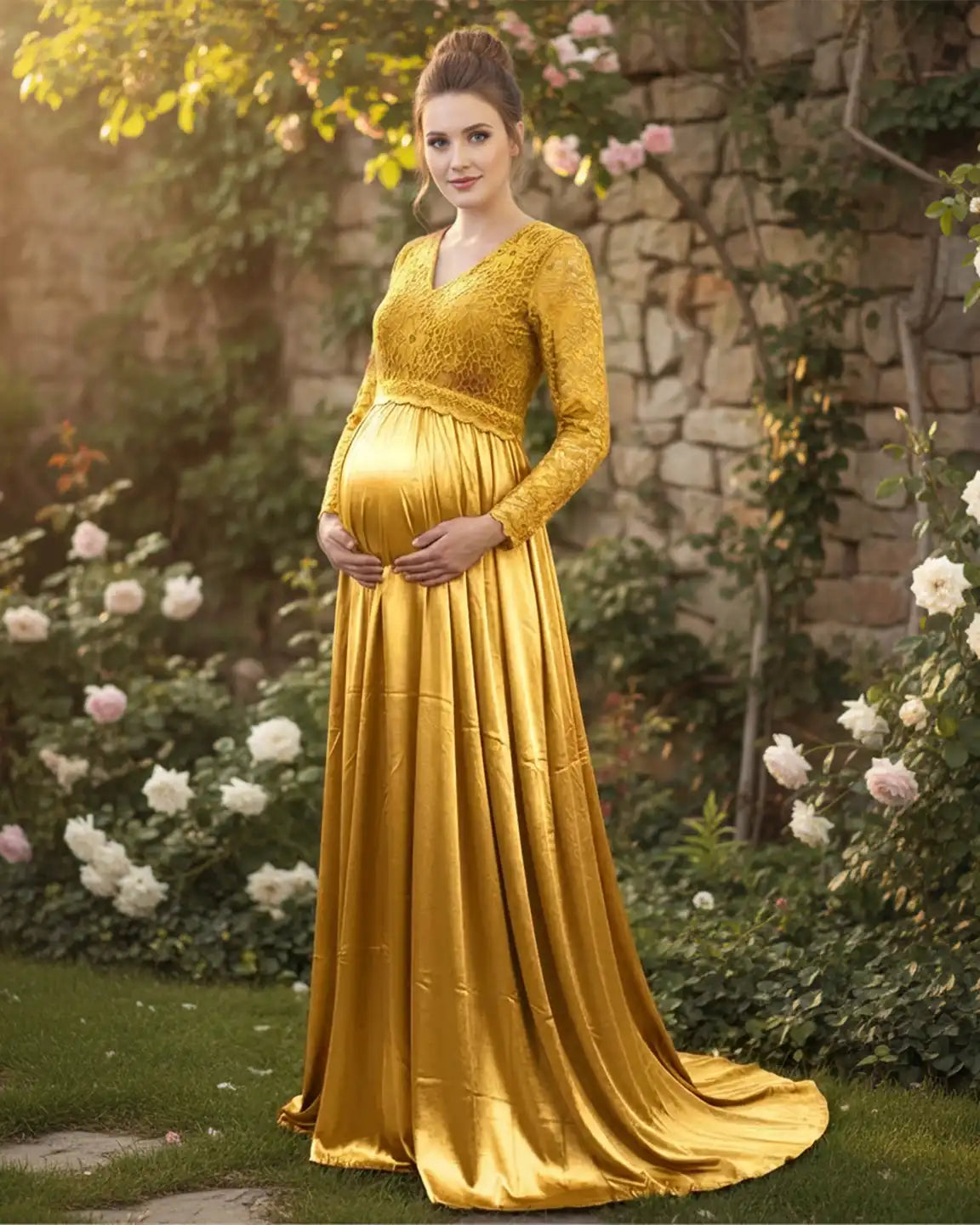 Maternity photoshoot maxi dress in golden yellow with lace-spliced bodice and trailing skirt.