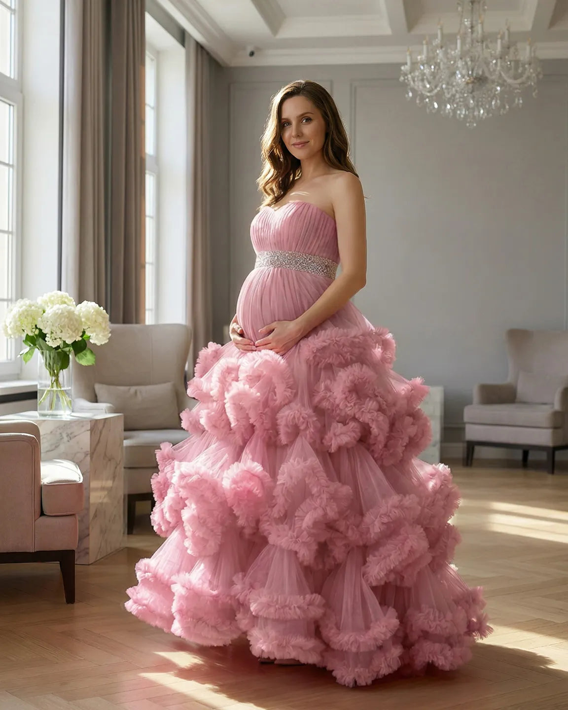Bump Society – The Comfort Collection: Strapless Bodice Multi-Layered Ruffled Skirt Maternity Photoshoot Dress