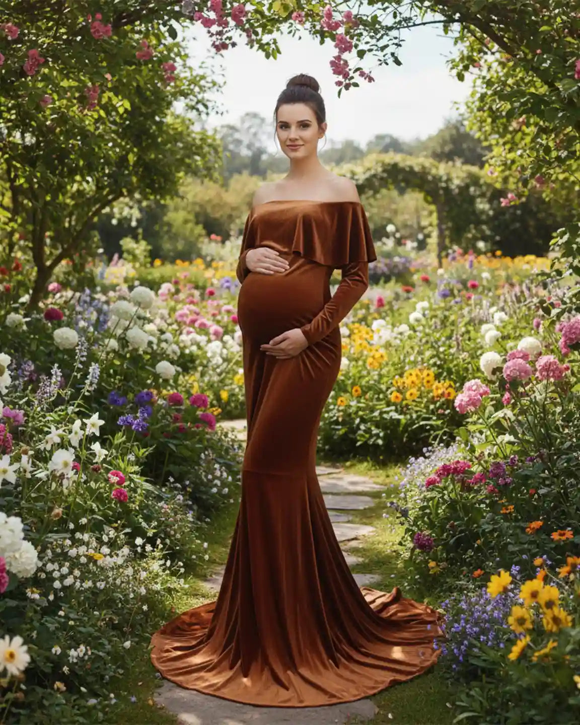 Maternity model in a brown velvet off-shoulder fitted gown with a flowing train, posing in a vibrant garden.