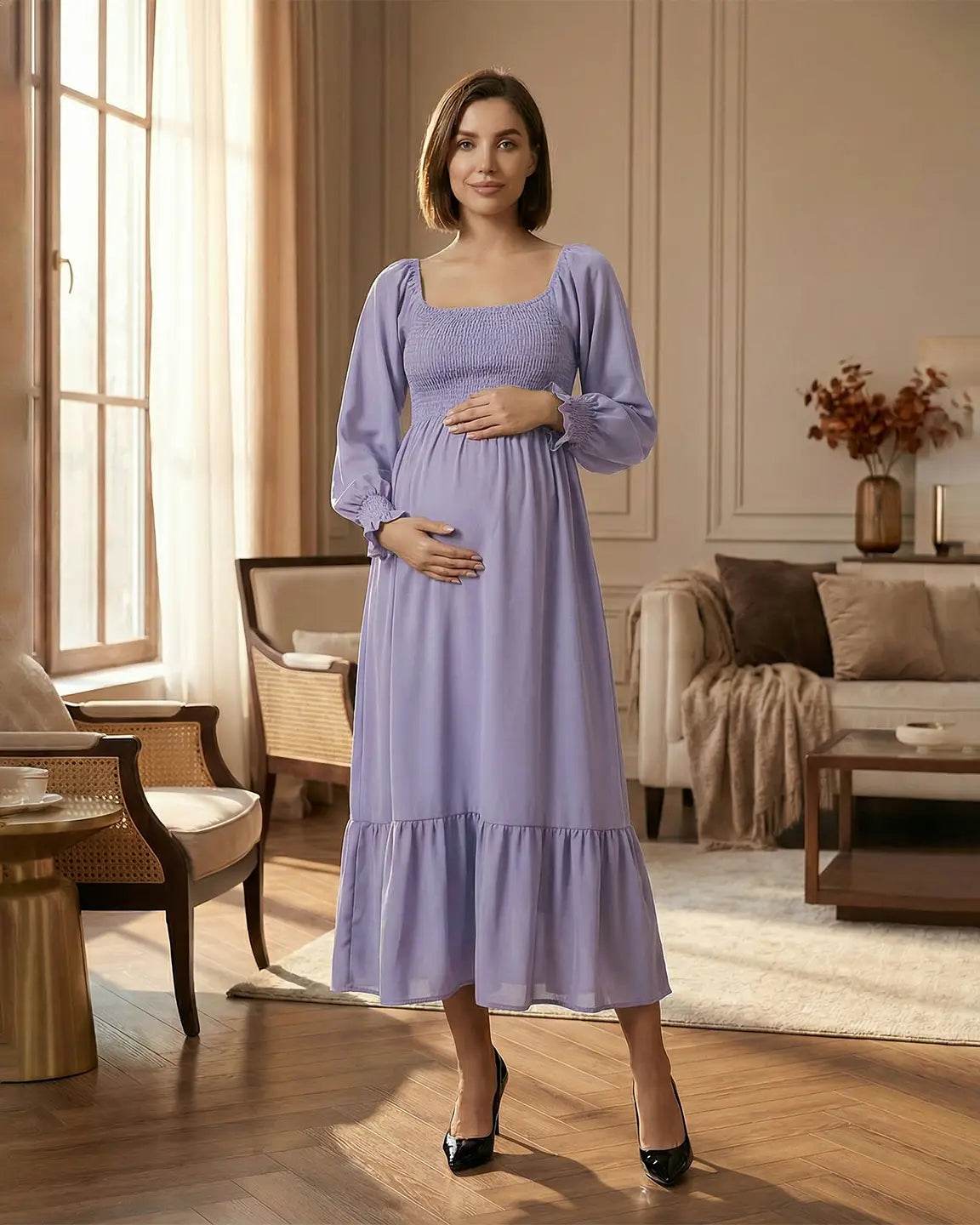 Bump Society – The Comfort Collection: Smocked Square Neck Ruffled Hem Maternity Maxi Dress