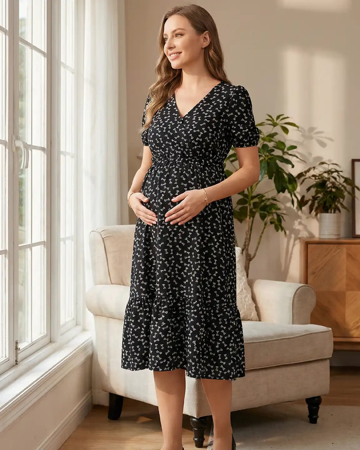 Bump Society – The Comfort Collection: Bow Tie Print Cinched A-Line Maternity Dress
