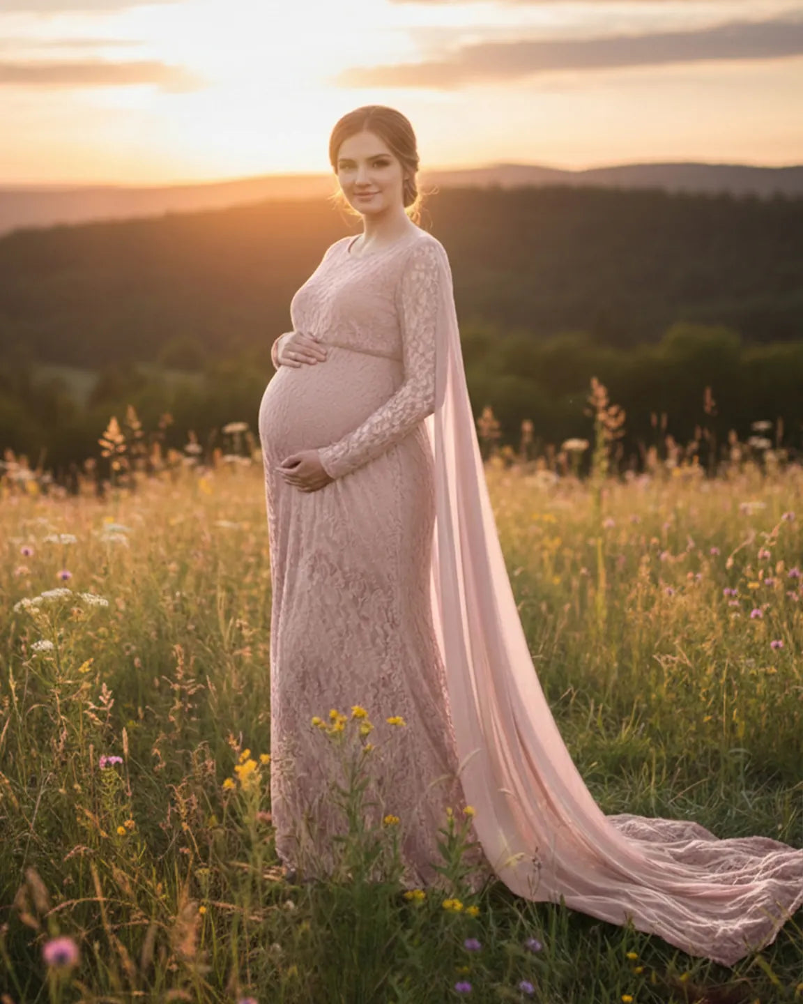 Maternity model in a pink lace gown with long sleeves and a flowing chiffon cape trailing in a field at sunset.
