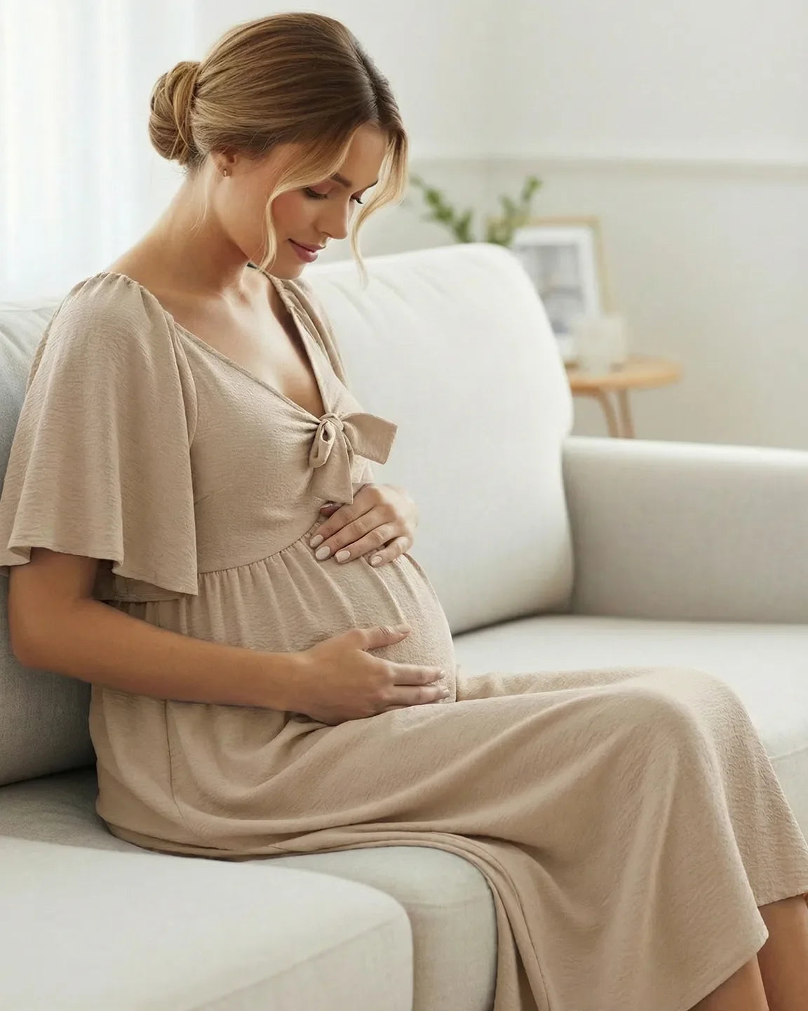 Bump Society – The Comfort Collection: Tie-Knot Front Swing Silhouette Maternity Midi Dress