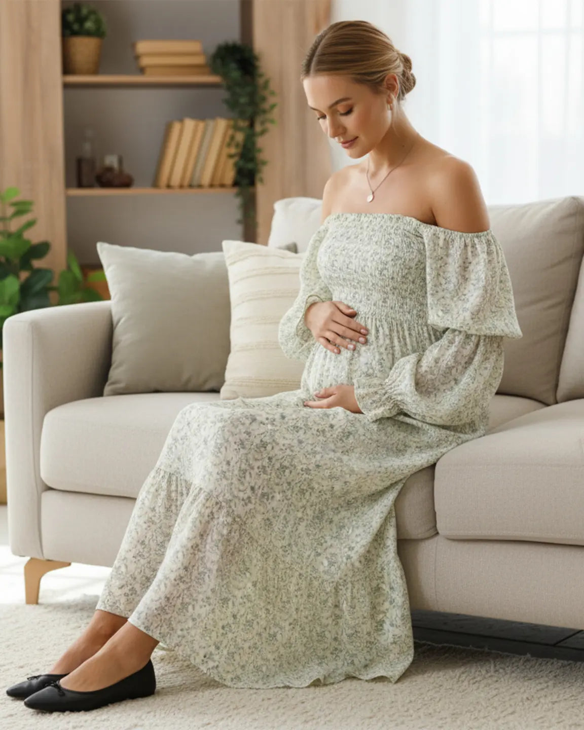 Bump Society – The Comfort Collection: Puffed Long-Sleeve Tiered Skirt Maternity Maxi Dress