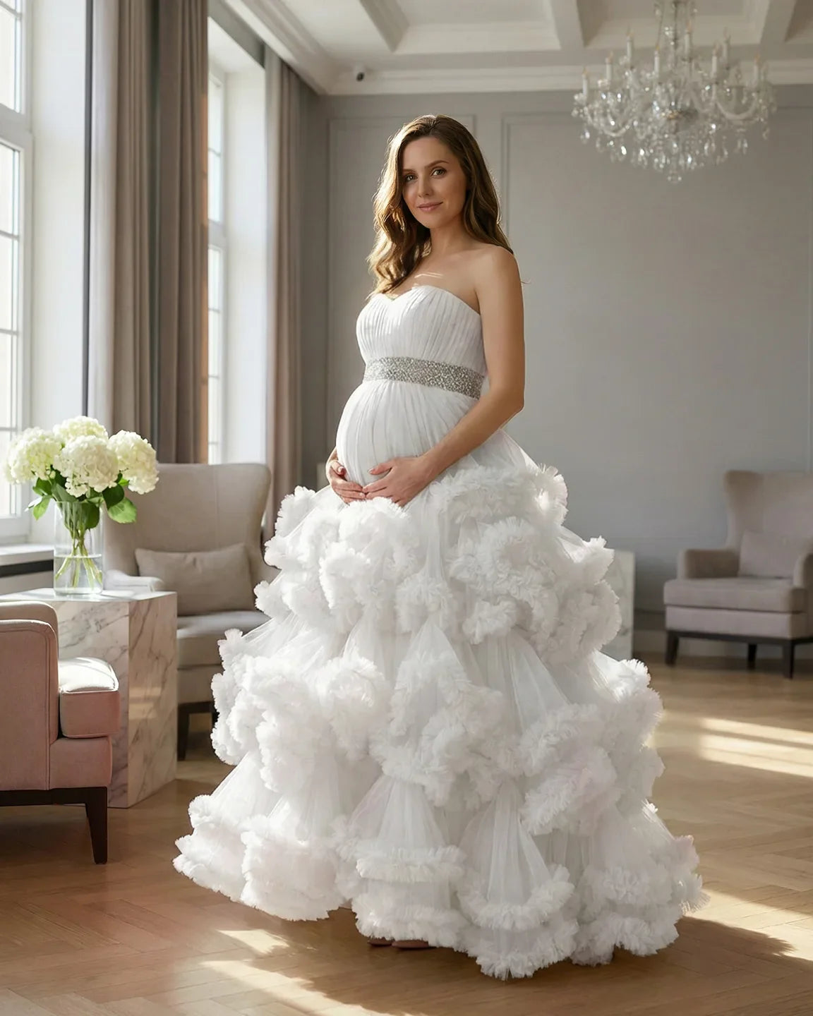 Bump Society – The Comfort Collection: Strapless Bodice Multi-Layered Ruffled Skirt Maternity Photoshoot Dress
