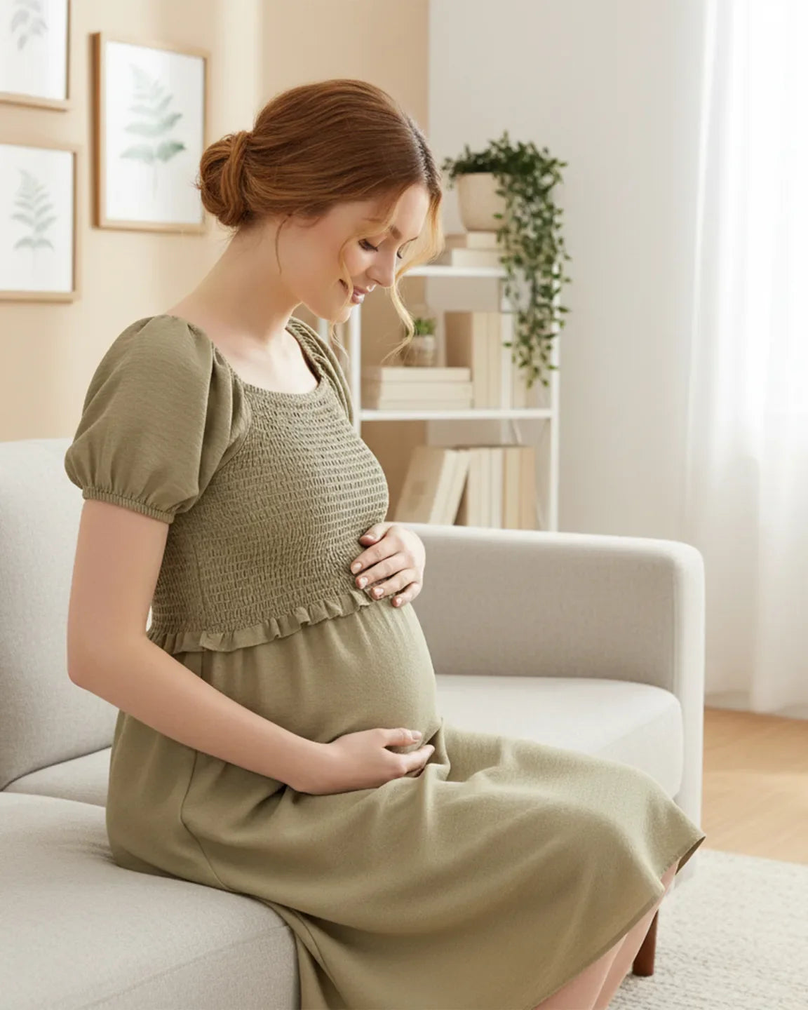 Bump Society – The Nursing Collection: Puff-Sleeve Flowy Maternity & Nursing Midi Dress