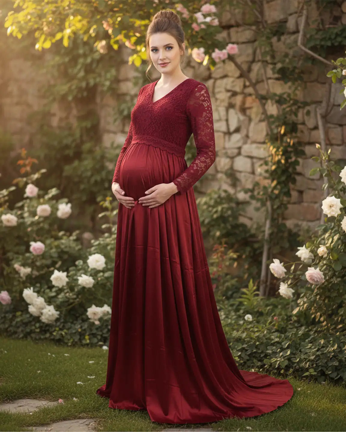 Red lace-spliced bodice, V-neck, trailing skirt maternity maxi dress for photoshoots.
