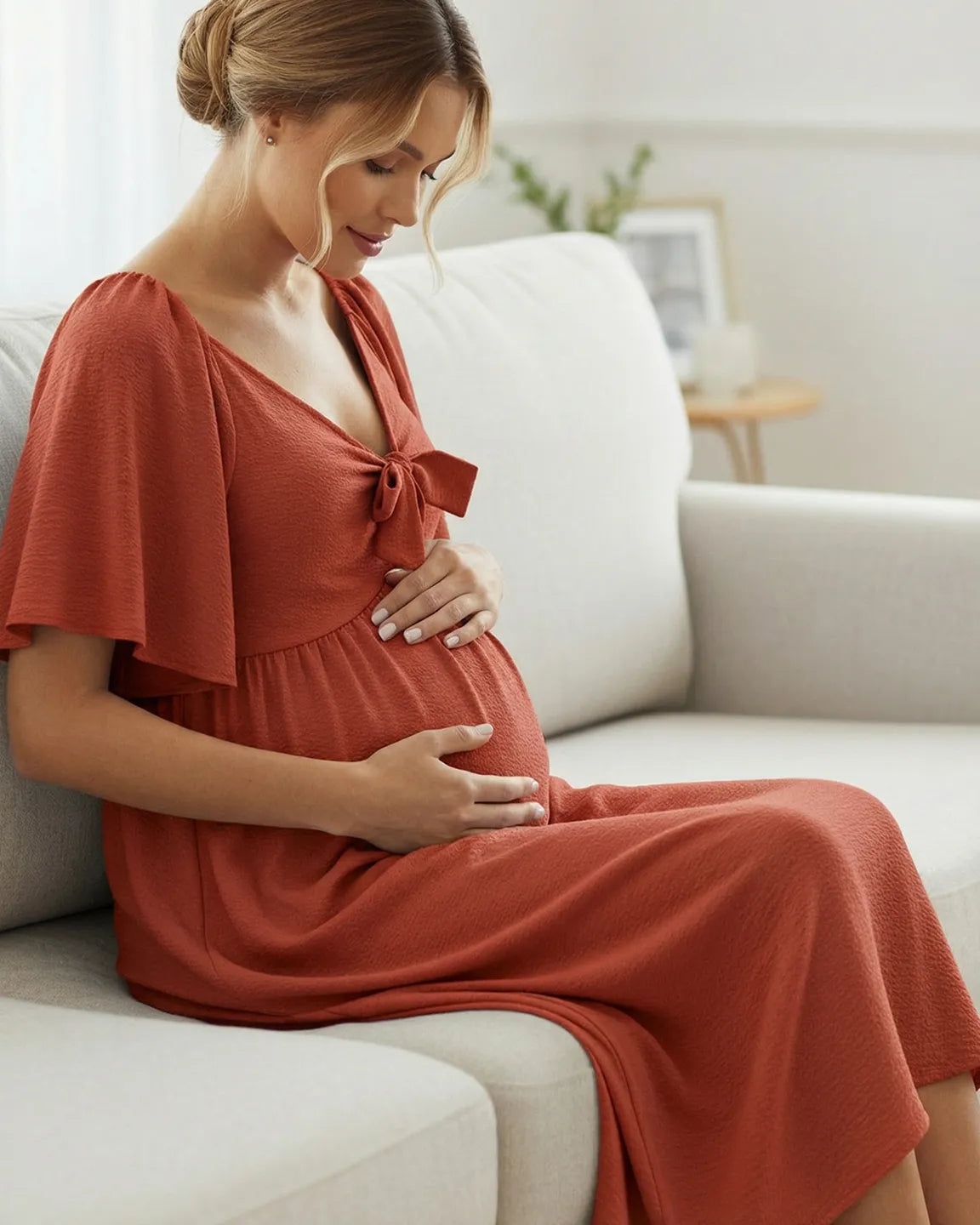 Bump Society – The Comfort Collection: Tie-Knot Front Swing Silhouette Maternity Midi Dress