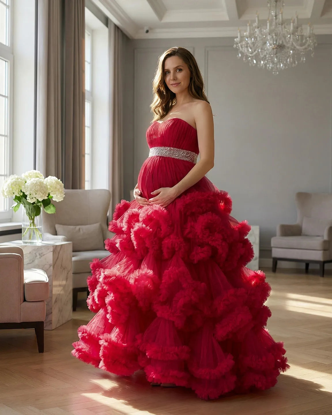 Bump Society – The Comfort Collection: Strapless Bodice Multi-Layered Ruffled Skirt Maternity Photoshoot Dress