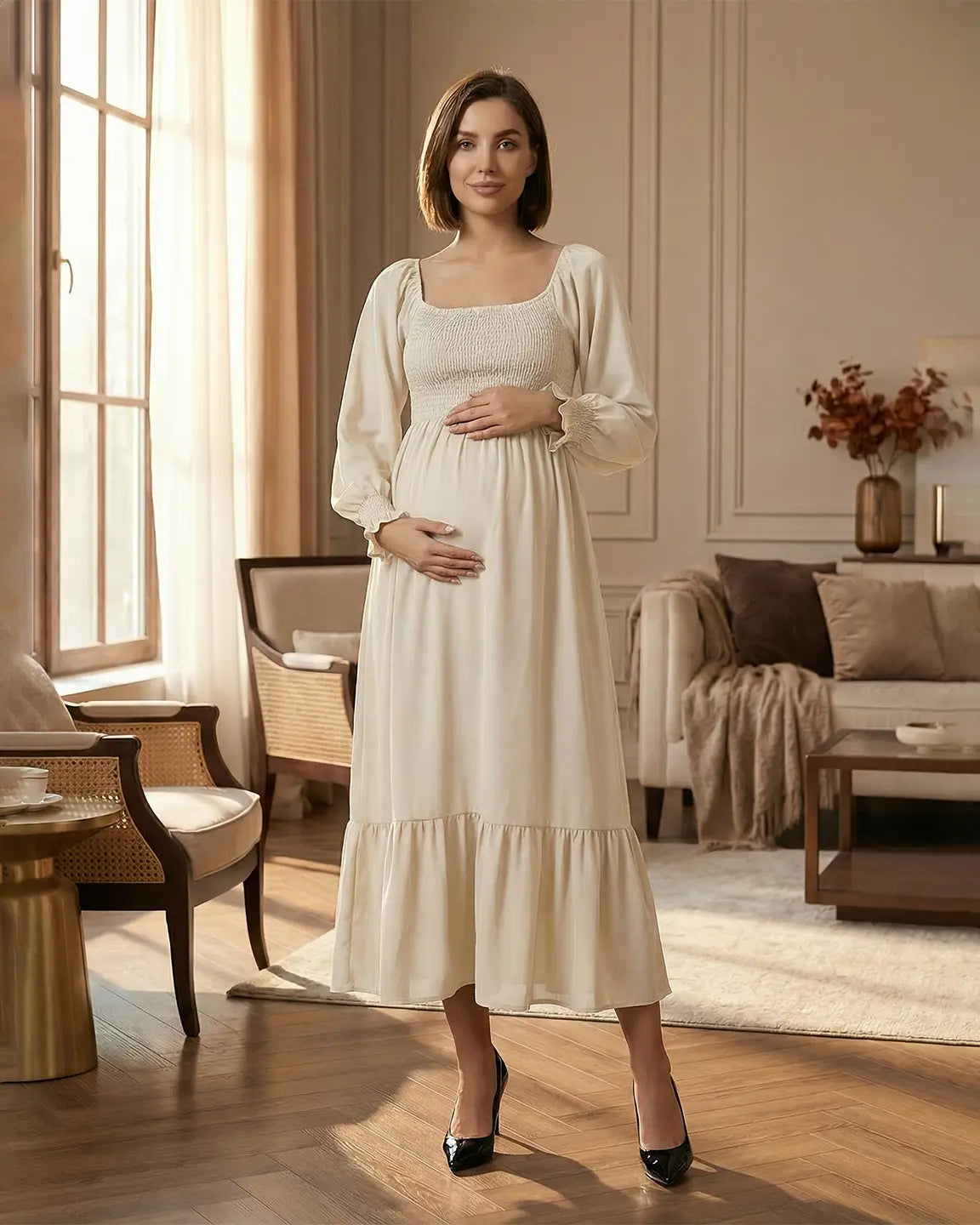 Bump Society – The Comfort Collection: Smocked Square Neck Ruffled Hem Maternity Maxi Dress