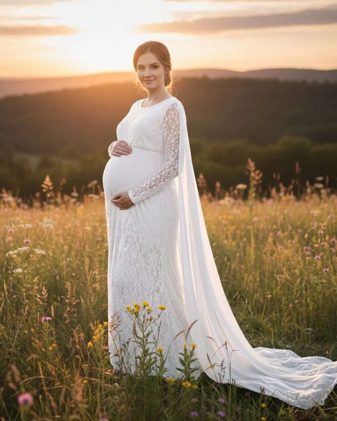White lace maternity gown with long sleeves and a flowing chiffon cape trailing in a field at sunset.