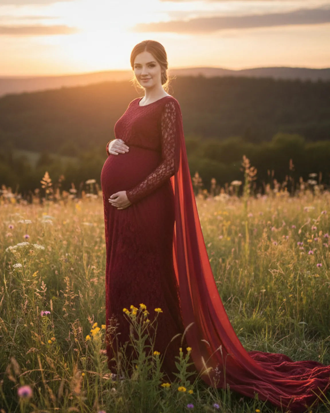 Maternity model in a long-sleeved, empire waist, red lace gown with a trailing chiffon cape at sunset.