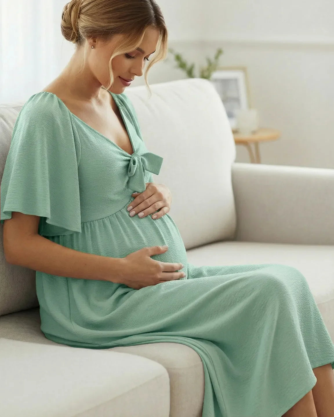 Bump Society – The Comfort Collection: Tie-Knot Front Swing Silhouette Maternity Midi Dress