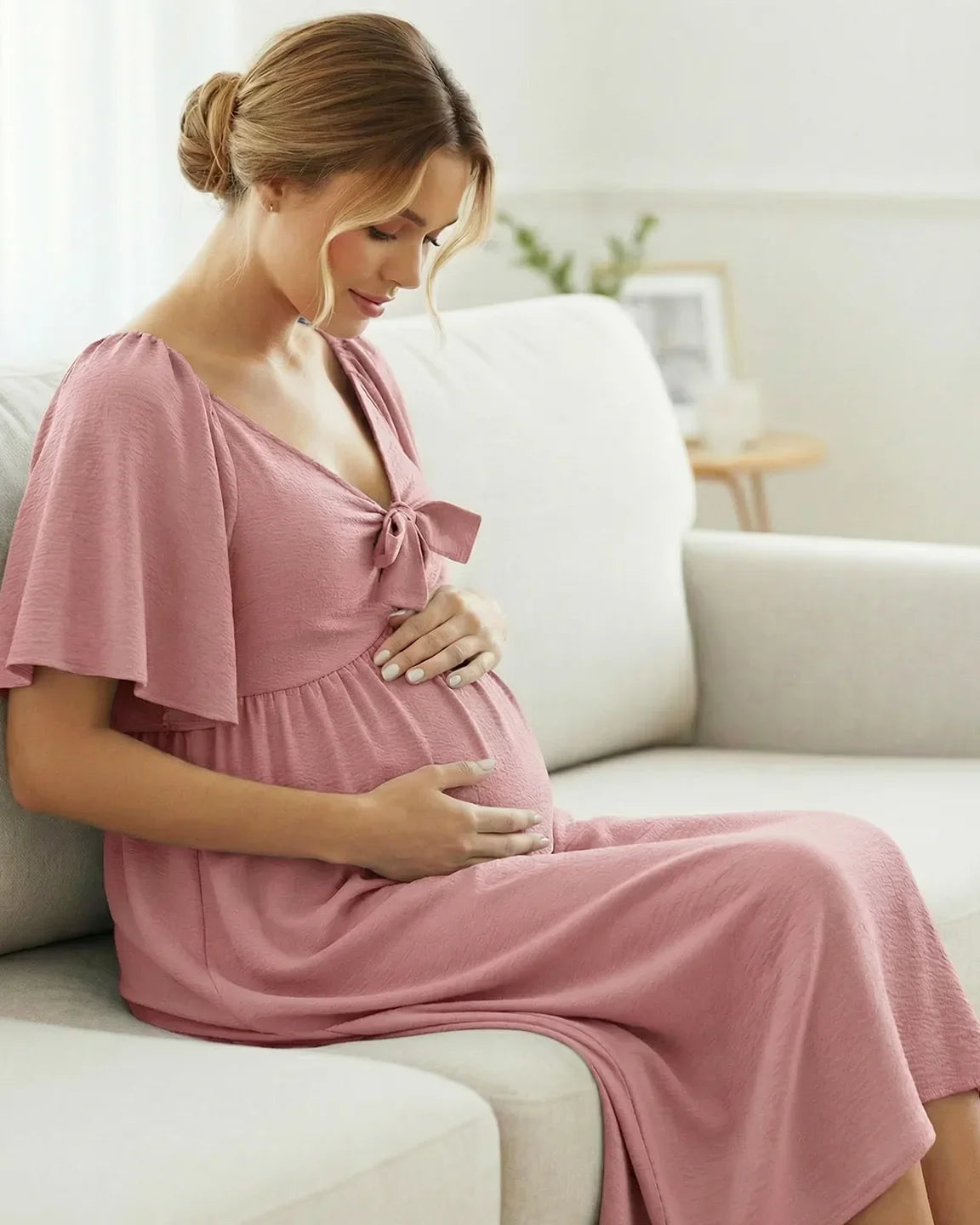 Bump Society – The Comfort Collection: Tie-Knot Front Swing Silhouette Maternity Midi Dress