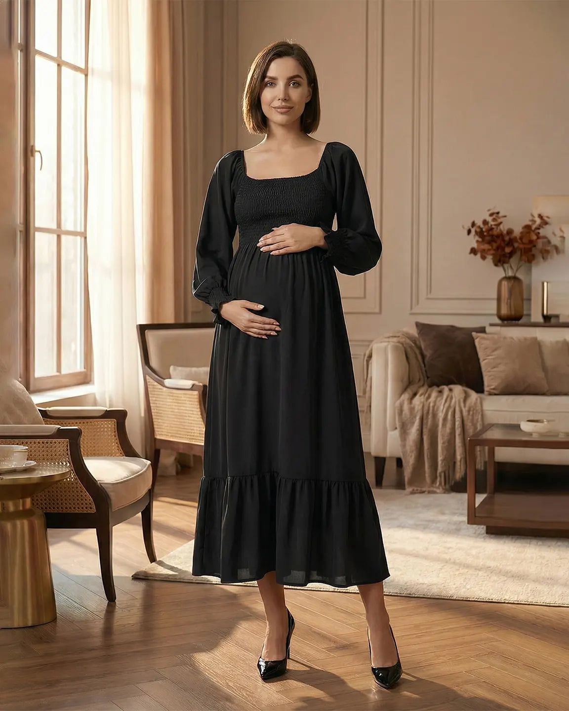 Bump Society – The Comfort Collection: Smocked Square Neck Ruffled Hem Maternity Maxi Dress