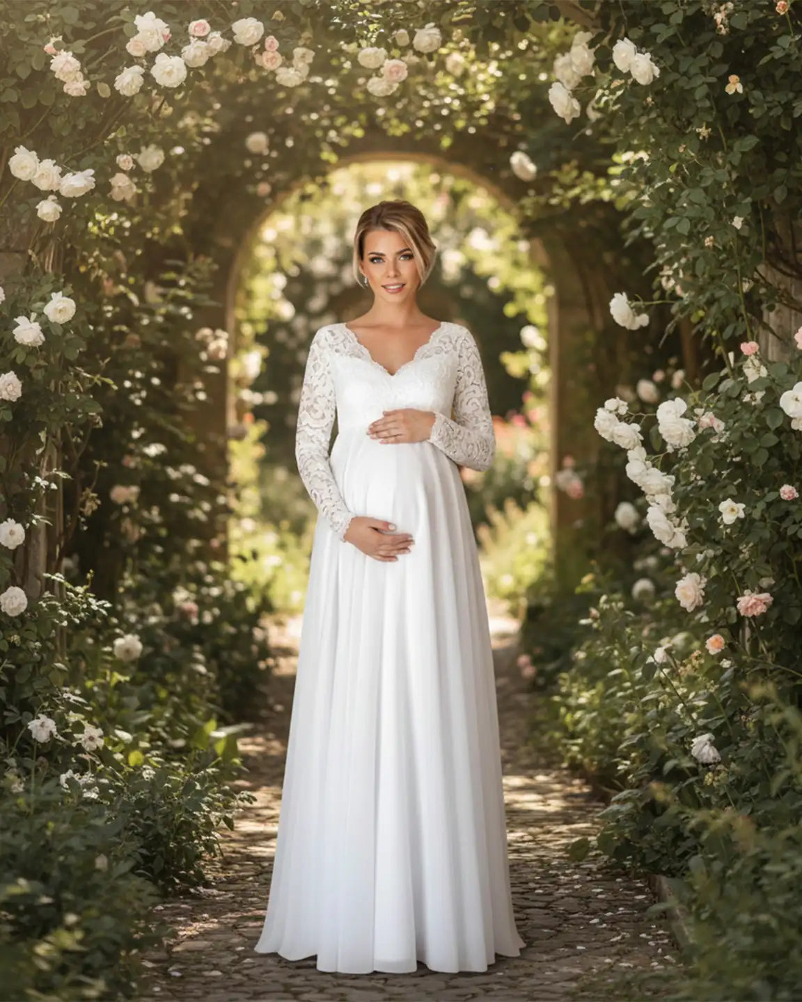 Pregnant woman in a white flowing maternity bridal gown with long lace sleeves and V-neck, hands on bump, standing in a rose archway.