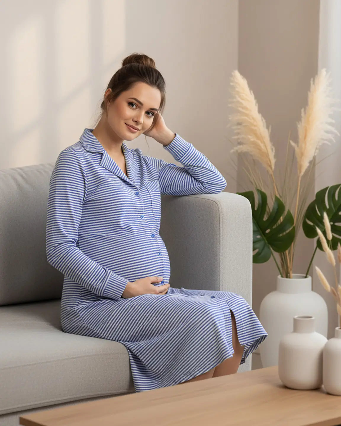 The Sleep Collection  Striped Button Front Shirt Style Maternity Sleepwear