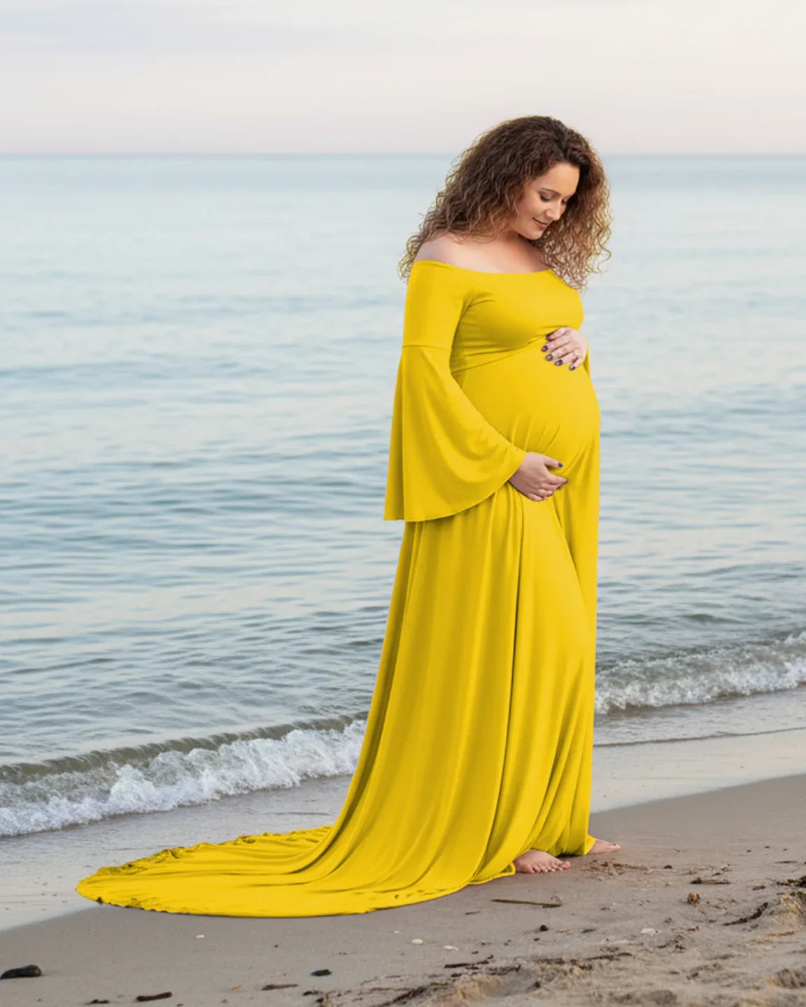 Bump Society – The Comfort Collection: Off-Shoulder Bell Sleeve Boho Maternity Photoshoot Maxi Dress