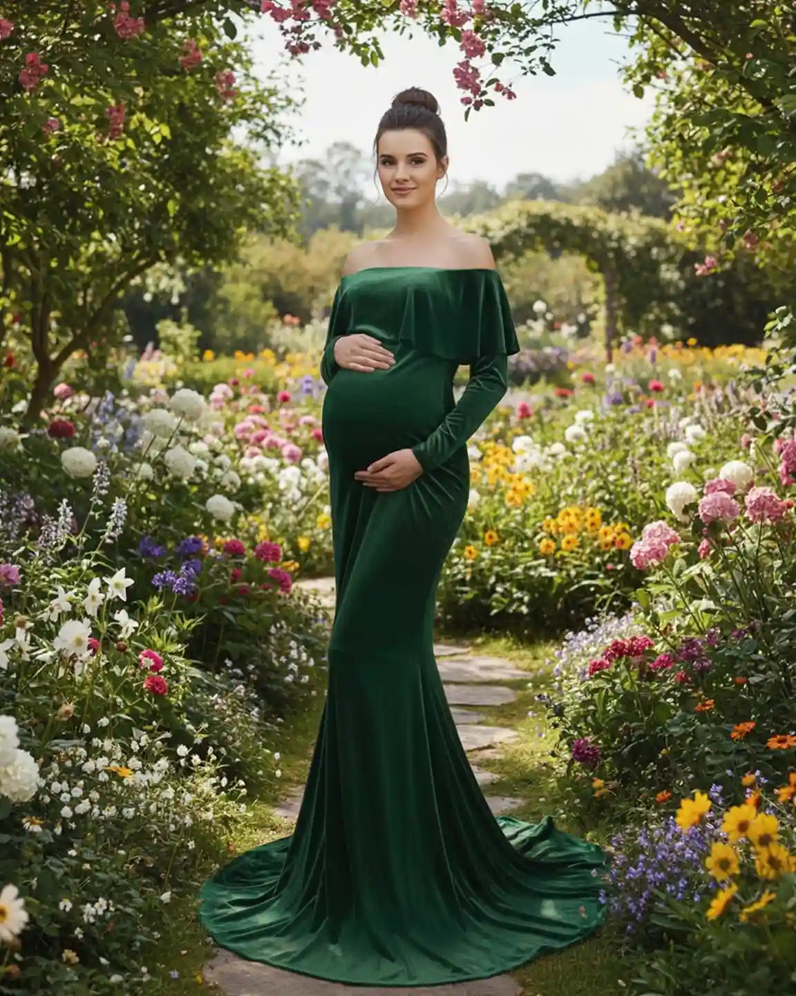 Elegant pregnant woman in a dark green velvet off-shoulder fitted maternity gown with a flowing train in a garden.