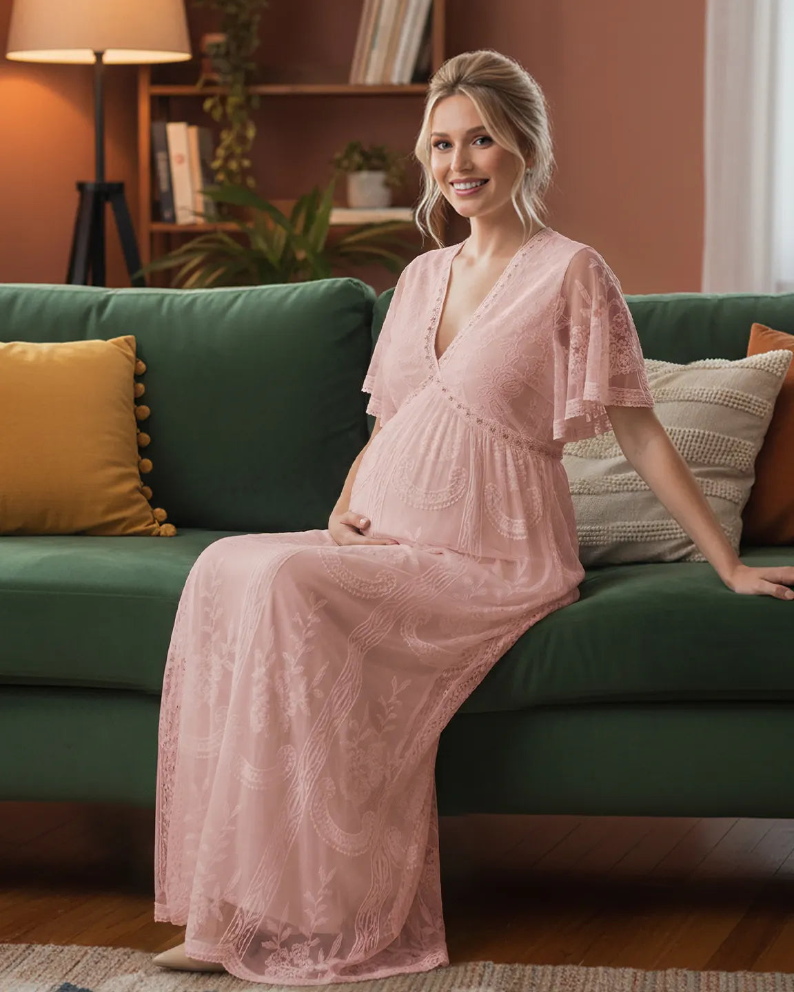 Bump Society – The Comfort Collection: Sheer-Lace Romantic Maternity Maxi Dress
