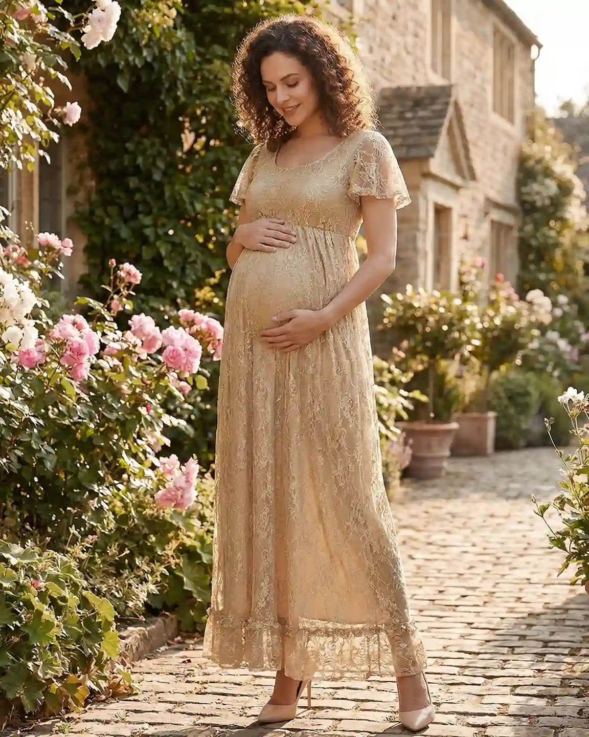 Bump Society – The Comfort Collection: Ruffled Hem Floral Lace Maternity Photoshoot Dress