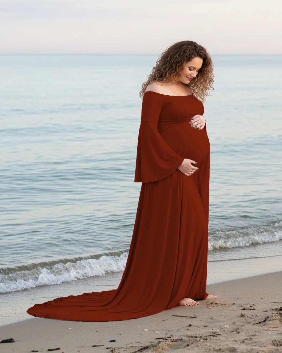 Bump Society – The Comfort Collection: Off-Shoulder Bell Sleeve Boho Maternity Photoshoot Maxi Dress
