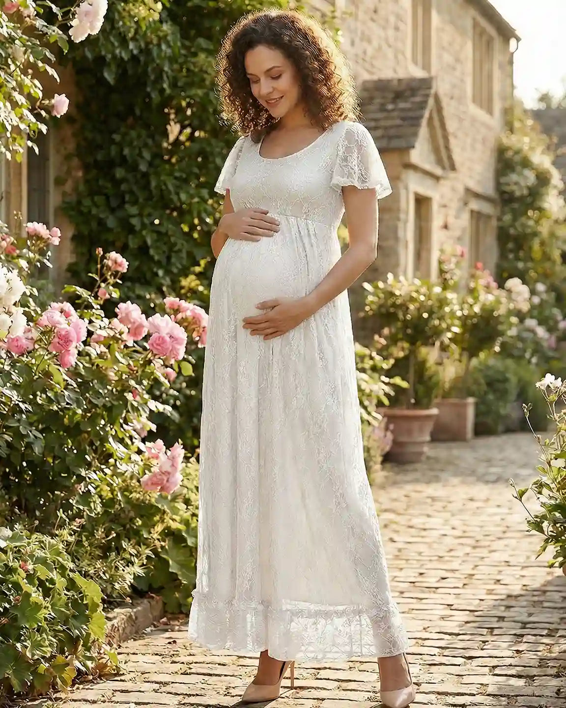 Bump Society – The Comfort Collection: Ruffled Hem Floral Lace Maternity Photoshoot Dress