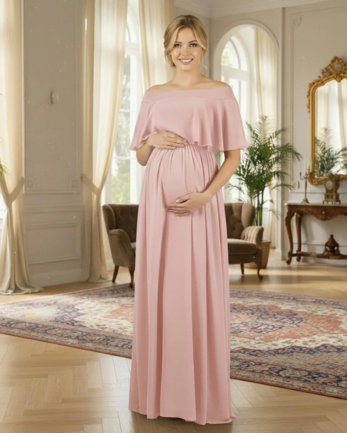 Smiling pregnant woman in a flowy, off-shoulder pink chiffon maternity photoshoot dress.