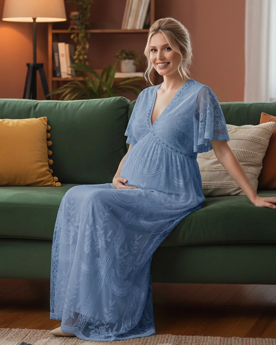 Bump Society – The Comfort Collection: Sheer-Lace Romantic Maternity Maxi Dress
