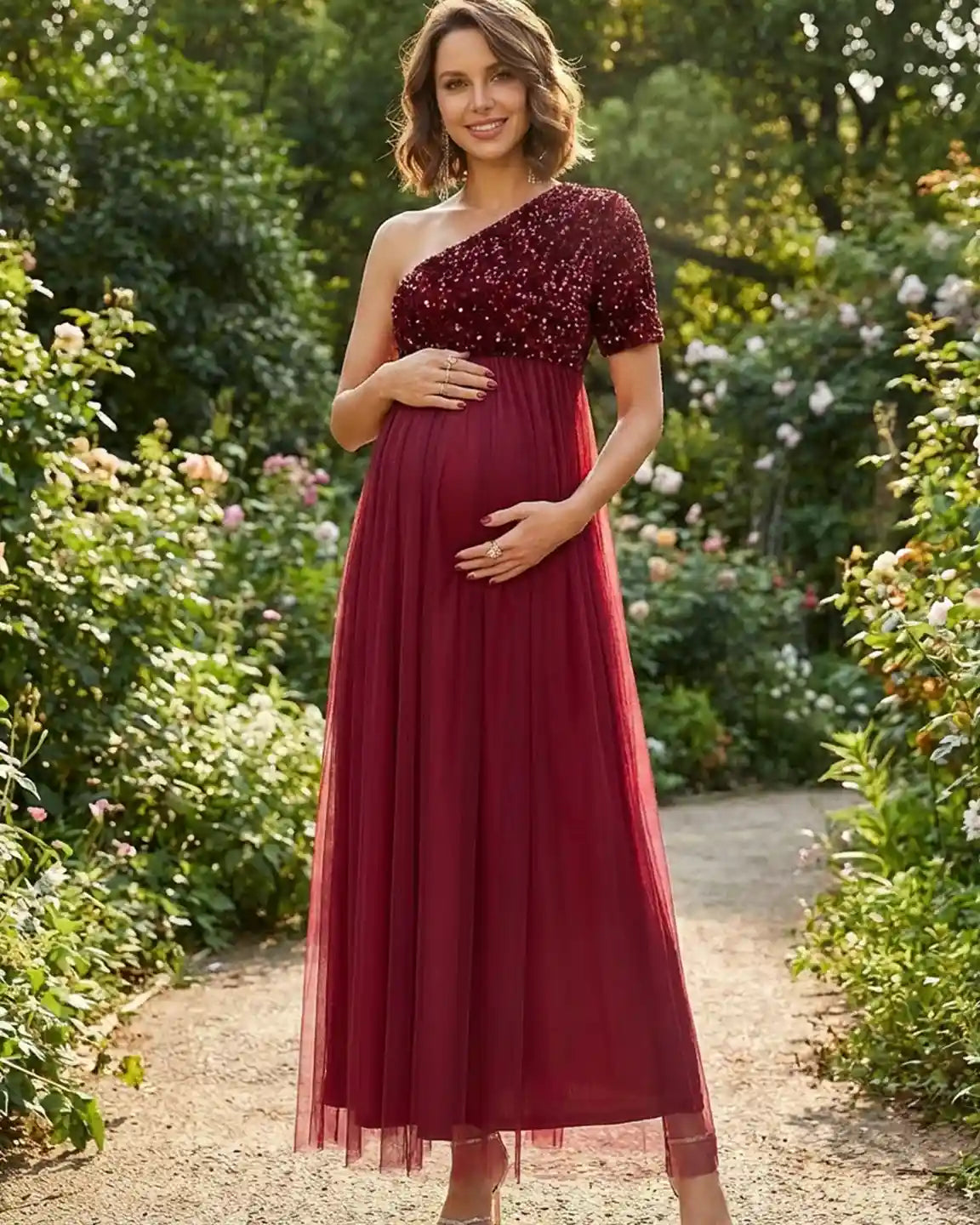 Bump Society – The Comfort Collection: Sequin One-Shoulder Flowy Maternity Maxi Dress