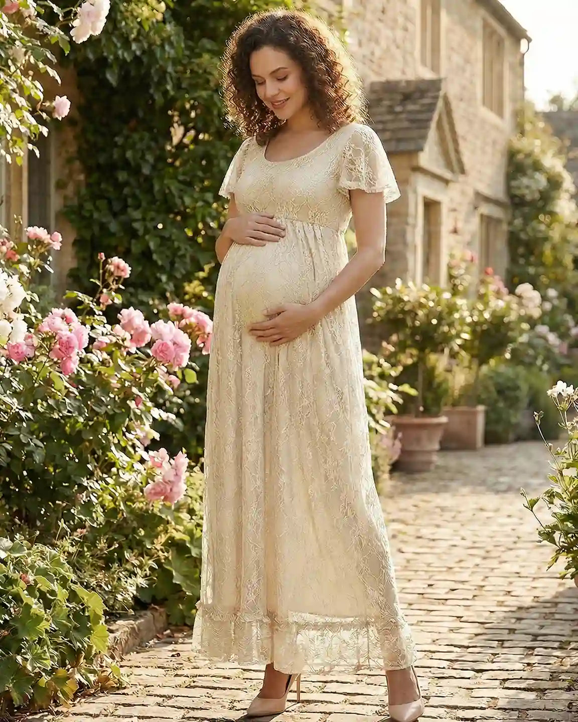 Bump Society – The Comfort Collection: Ruffled Hem Floral Lace Maternity Photoshoot Dress