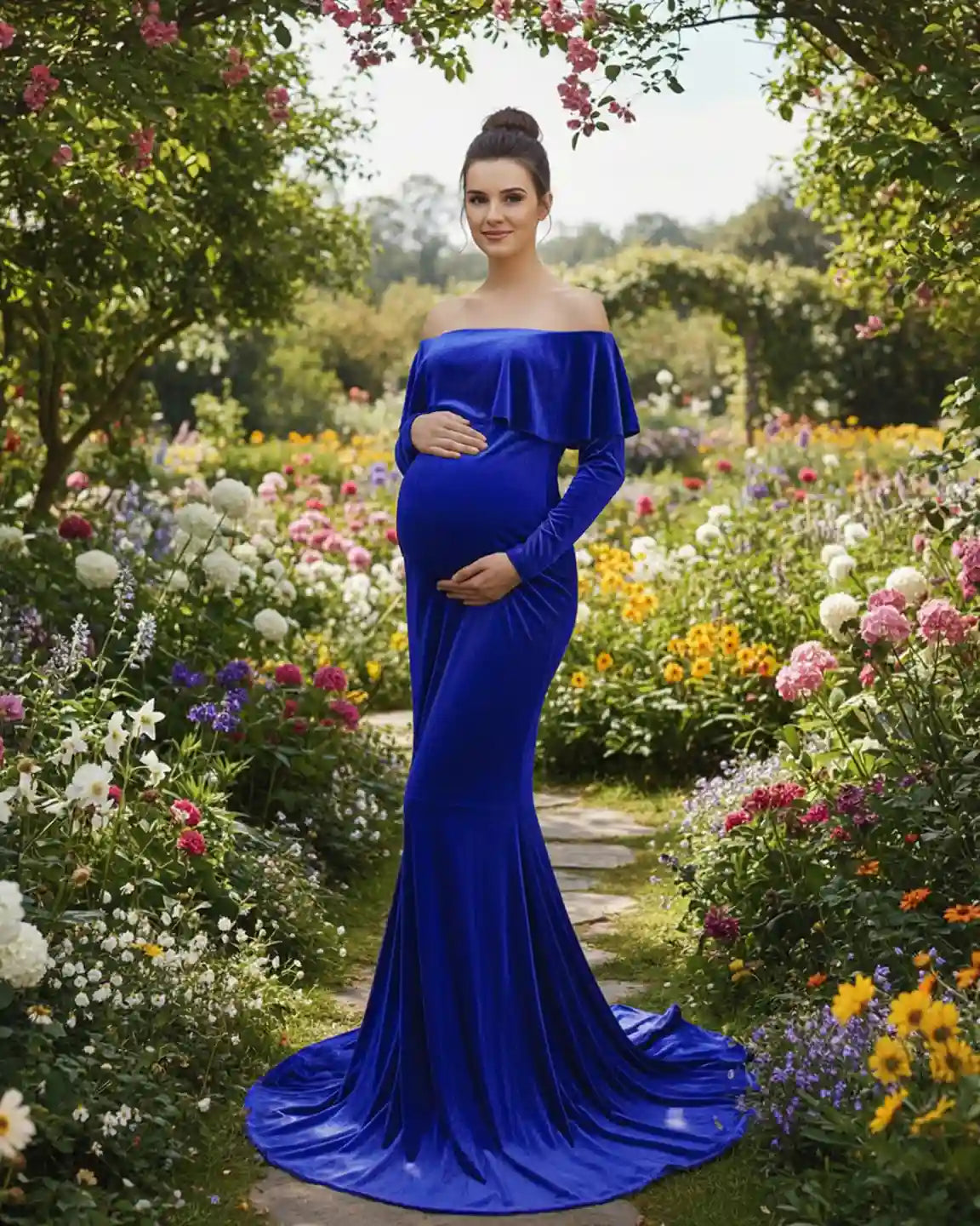 Elegant royal blue velvet off-shoulder maternity gown with a flowing train, worn by a pregnant woman in a garden.