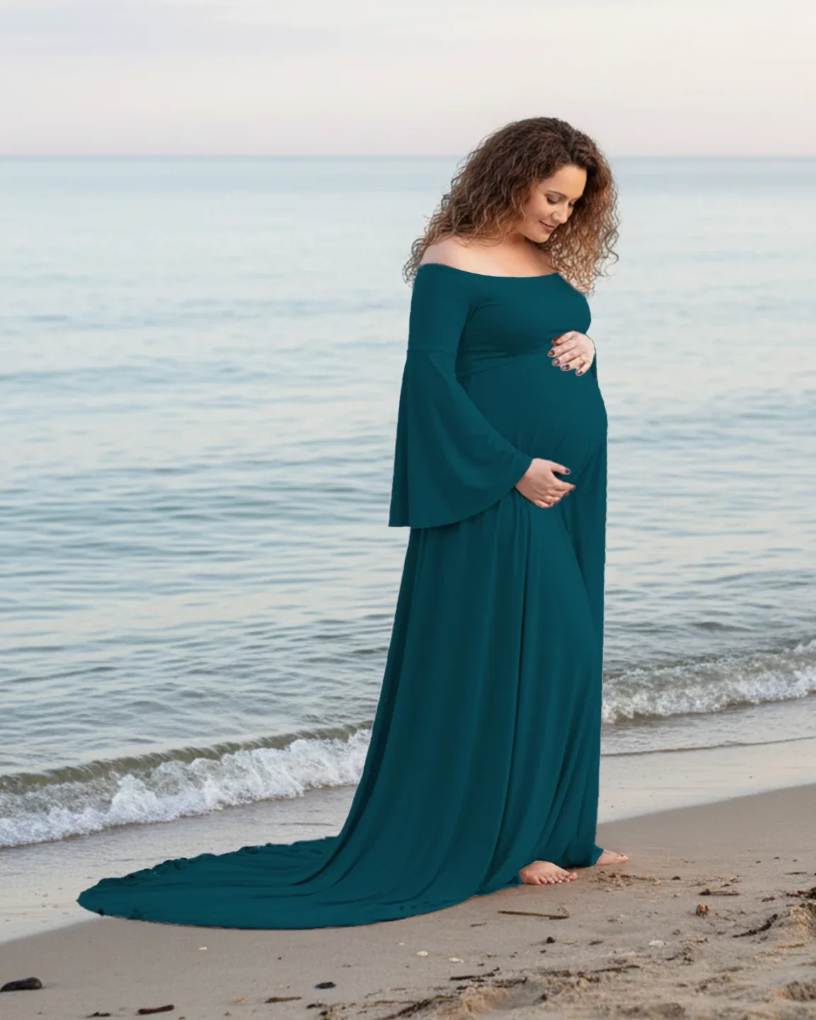 Bump Society – The Comfort Collection: Off-Shoulder Bell Sleeve Boho Maternity Photoshoot Maxi Dress