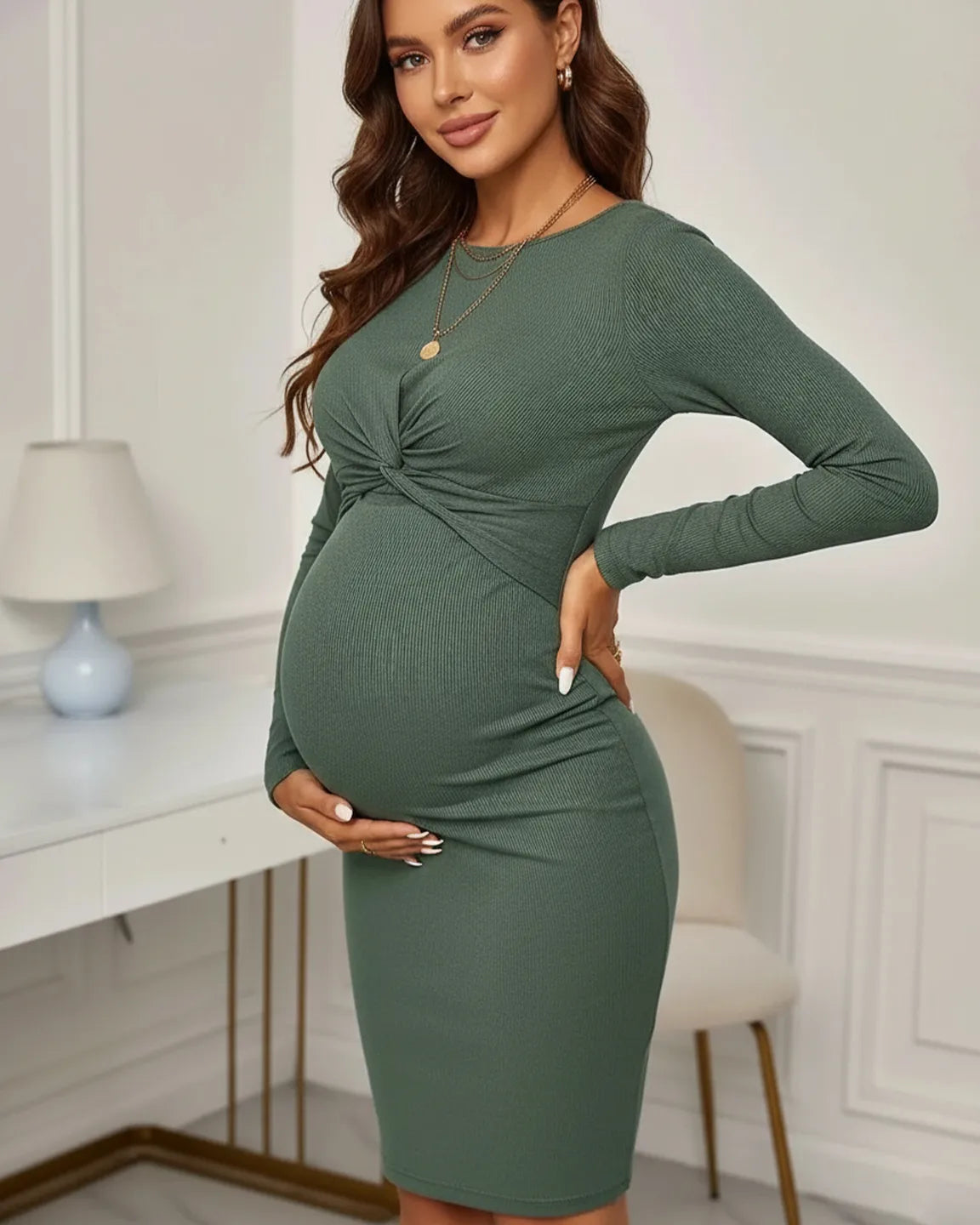 Maternity model in a green ribbed bodycon dress with a twist-front detail and long sleeves, highlighting her bump.