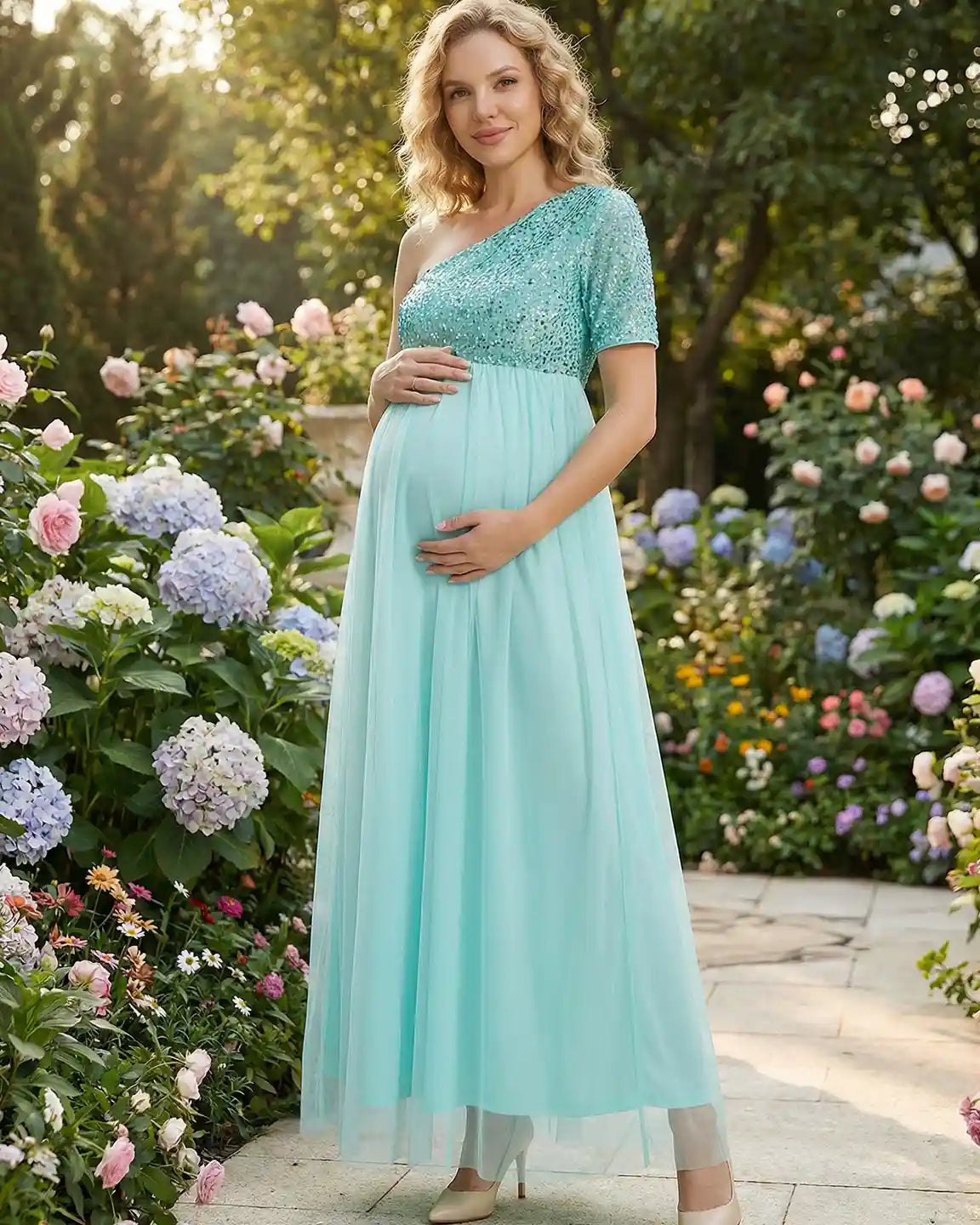 Bump Society – The Comfort Collection: Sequin One-Shoulder Flowy Maternity Maxi Dress