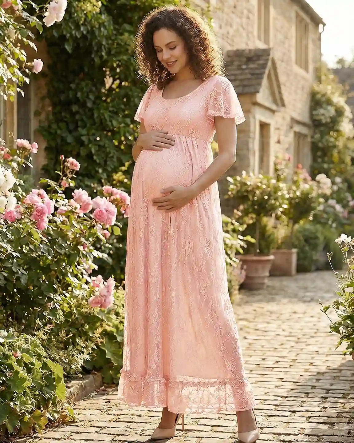 Bump Society – The Comfort Collection: Ruffled Hem Floral Lace Maternity Photoshoot Dress