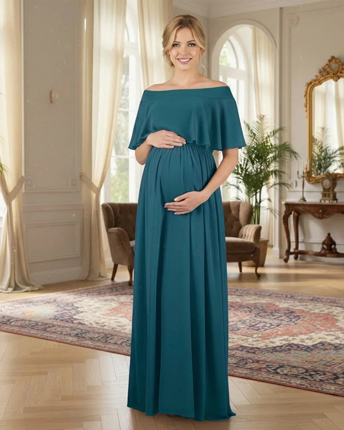 Teal off-shoulder chiffon maternity photoshoot dress with a flowy silhouette, perfect for special occasions.