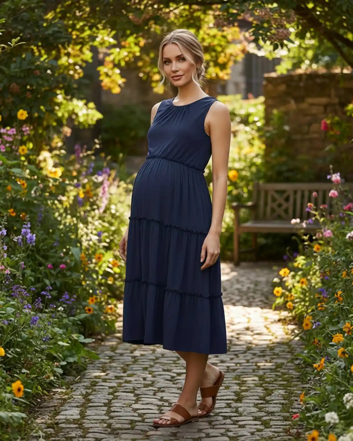 Bump Society – The Comfort Collection: Tiered Ruffle Skirt Casual Maternity Midi Dress