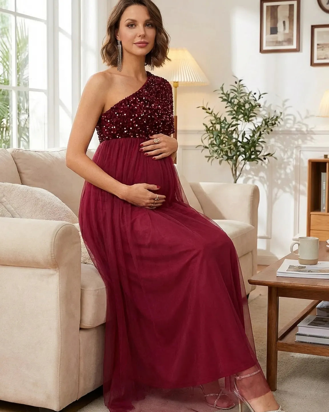 Bump Society – The Comfort Collection: Sequin One-Shoulder Flowy Maternity Maxi Dress