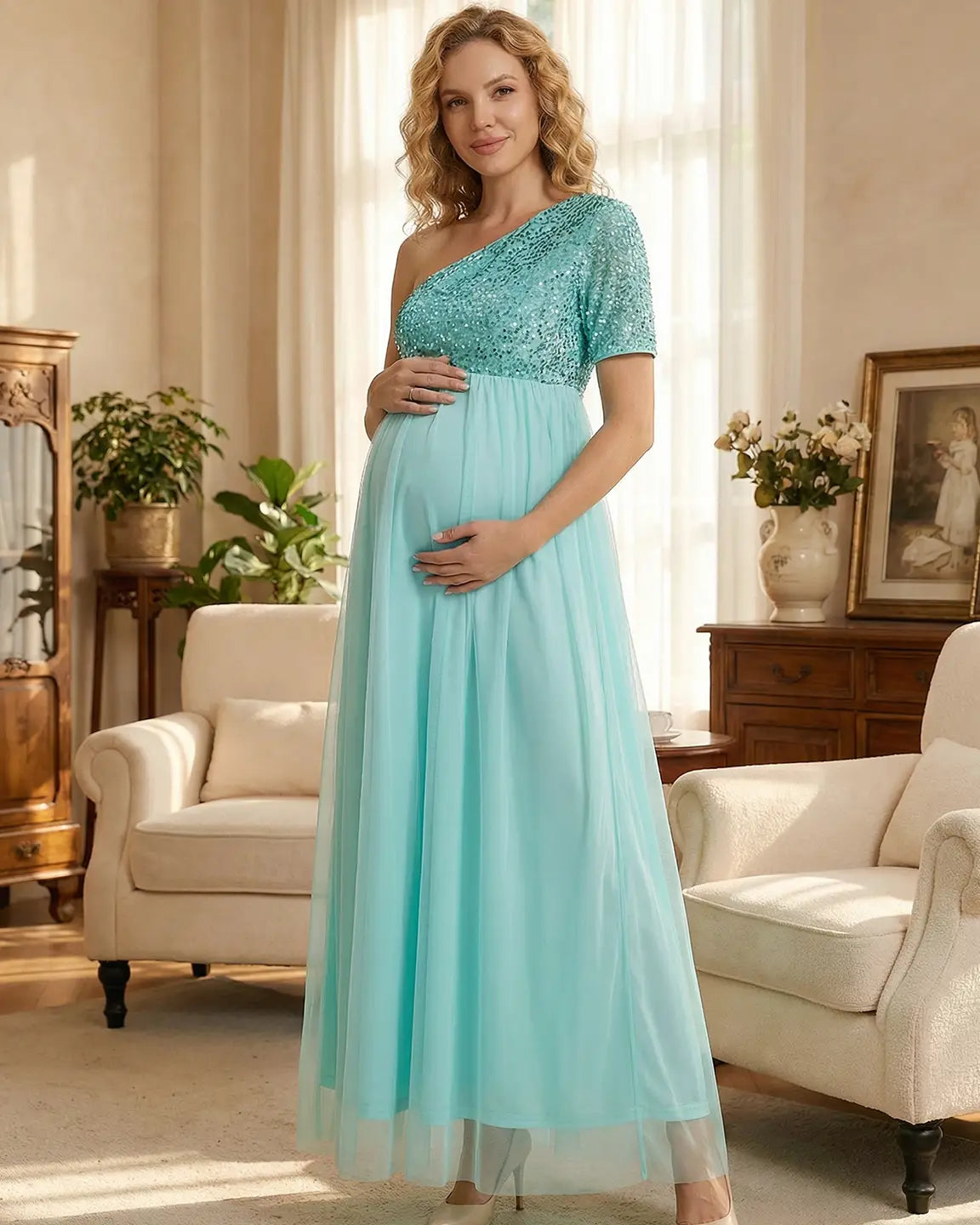 Bump Society – The Comfort Collection: Sequin One-Shoulder Flowy Maternity Maxi Dress