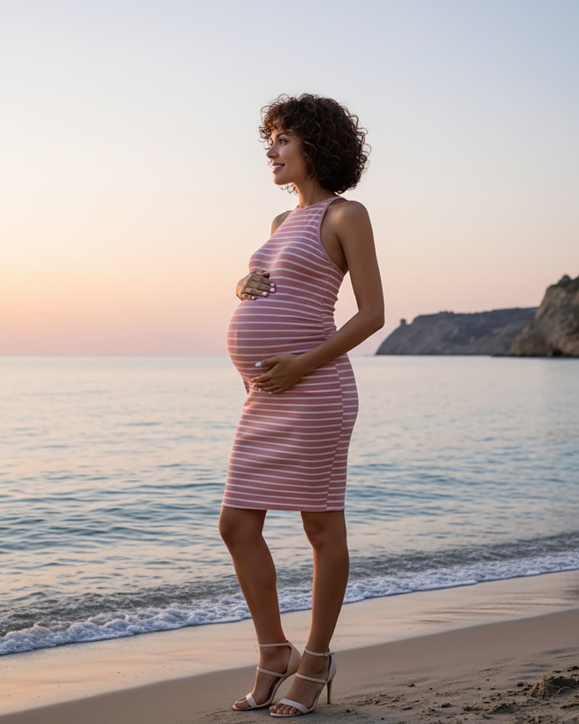 Pregnant woman in a pink and white striped halter bodycon maternity mini dress, smiling on a beach at sunset.
