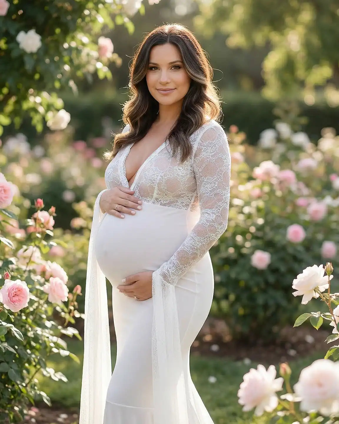 Bump Society – The Comfort Collection: Lace Deep-V Floor-Length Maternity Gown
