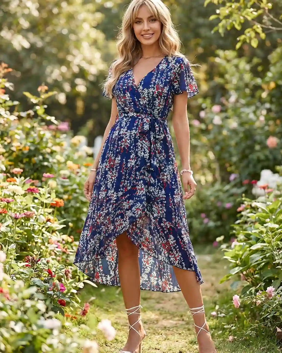 Woman in a blue floral V-neck ruffled hem maternity midi dress with a tie waist, standing in a garden.