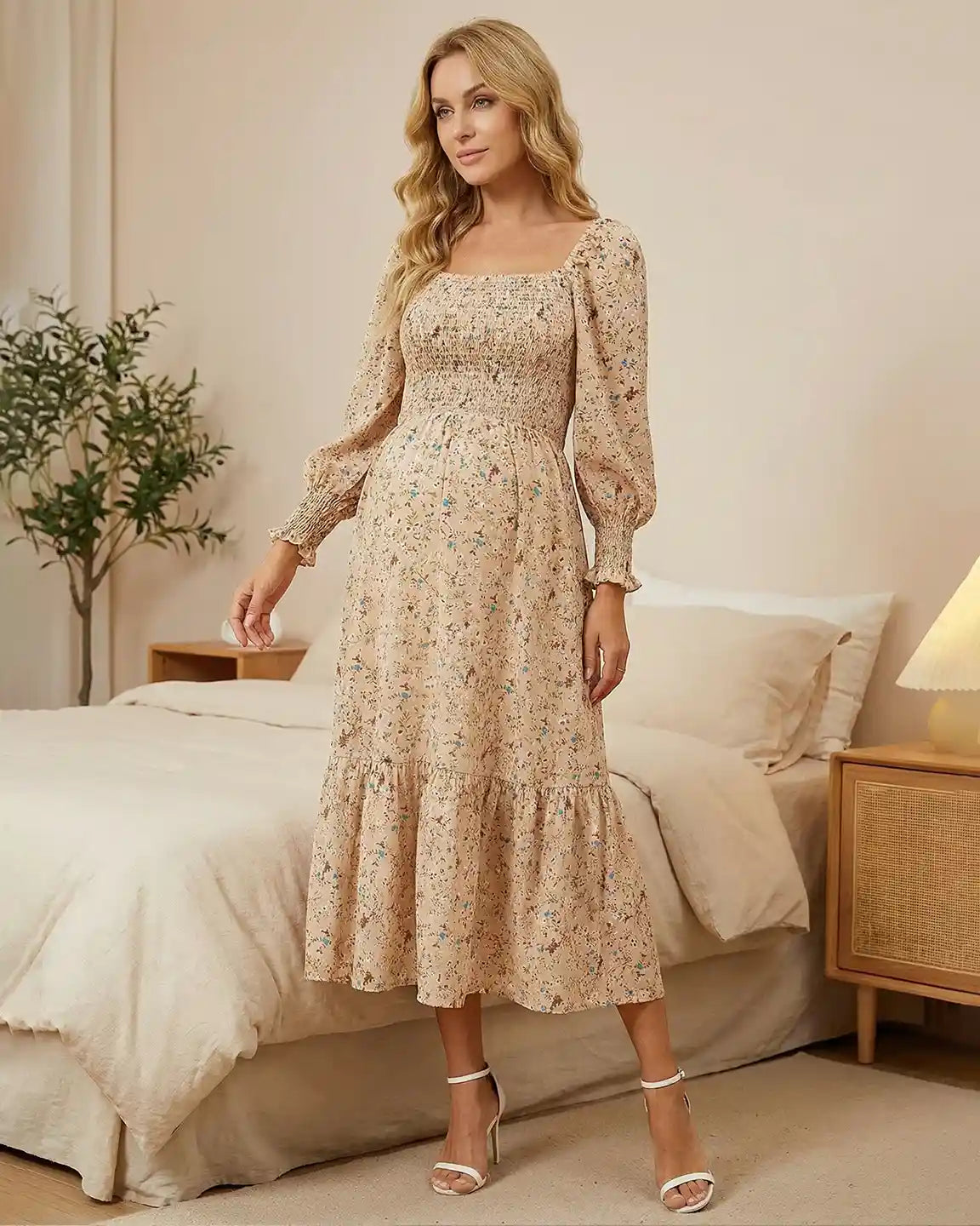 Bump Society – The Comfort Collection: Wrinkle-Resistant Floral Maternity Midi Dress